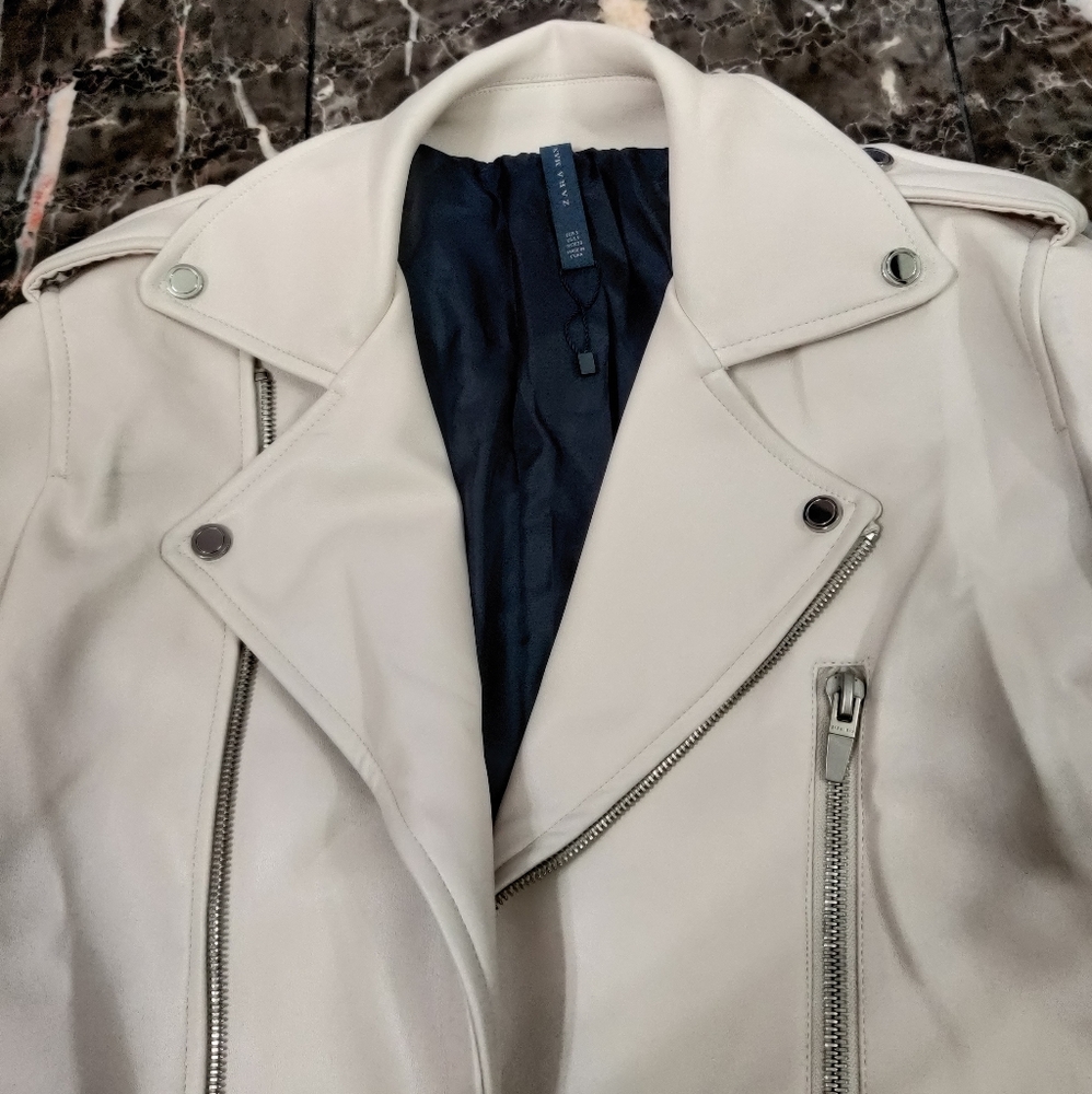 Zara White Biker Moto Faux Leather Jacket - Picture 2 of 6
